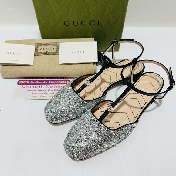 NIB Gucci Ballet Flat EU 38 US 8 Double G T-Strap Silver Glitter Shoes $920 - Picture 4 of 12